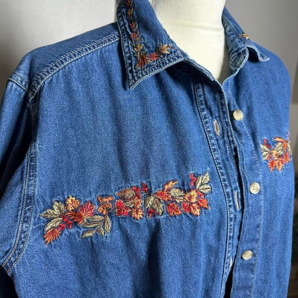 Vintage Embroidery Blue Denim Shirt Long Sleeve / Cotton - Picture 3 of 9